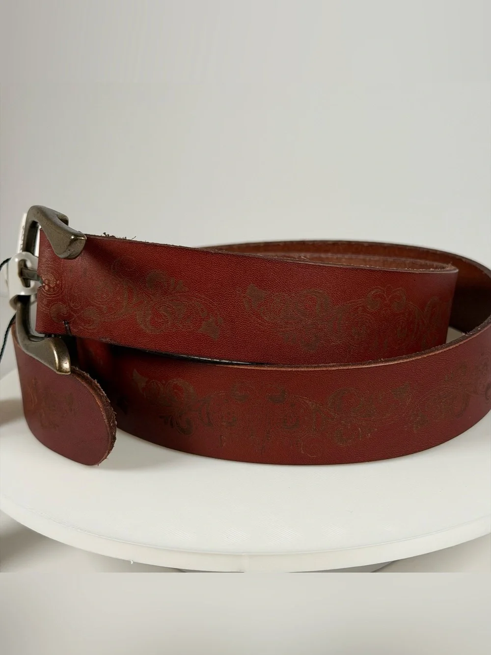 Timberland Womens Casual Leather Belt for Jeans XL 35-39 Chestnut Etched NWT